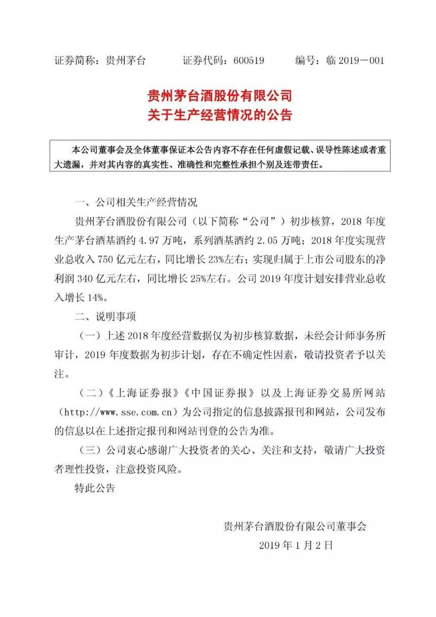 贵州茅台酒股份有限公司关于生产经营情况的公告