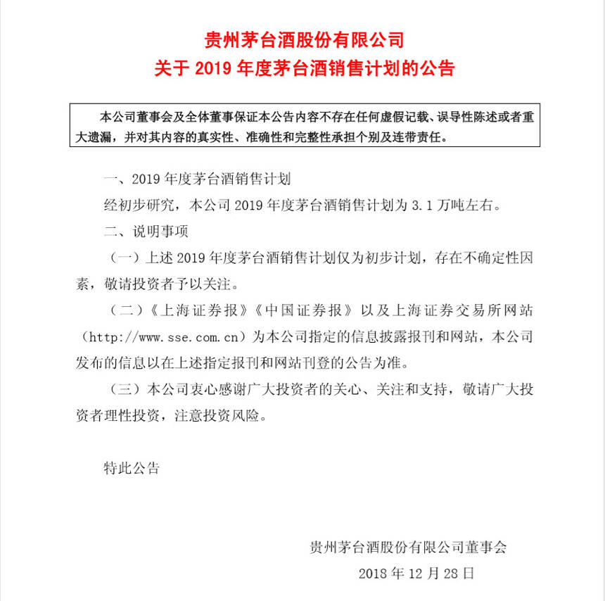 「微酒突发」将投放3.1万吨左右，茅台酒公布2019销售计划