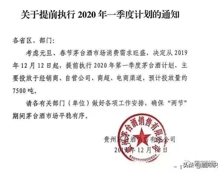 茅台市场价将“降温”，提前明年一季度计划，7500吨投放4大渠道