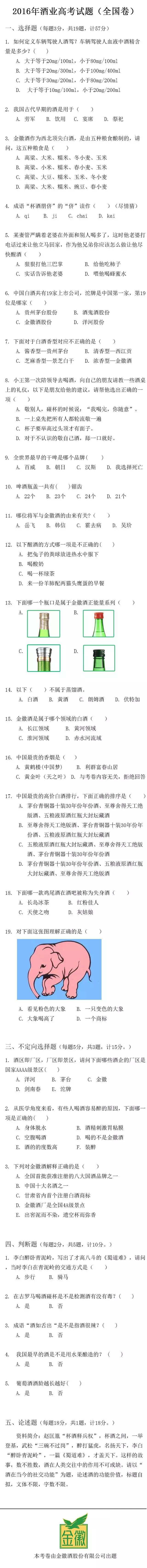 酒业高考试题全国卷 ，我答了90分，你呢？！